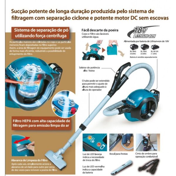 ASPIRADOR DE Po A BATERIA DCL500Z MAKITA + BATERIA + CARREGADOR - Imagem 4