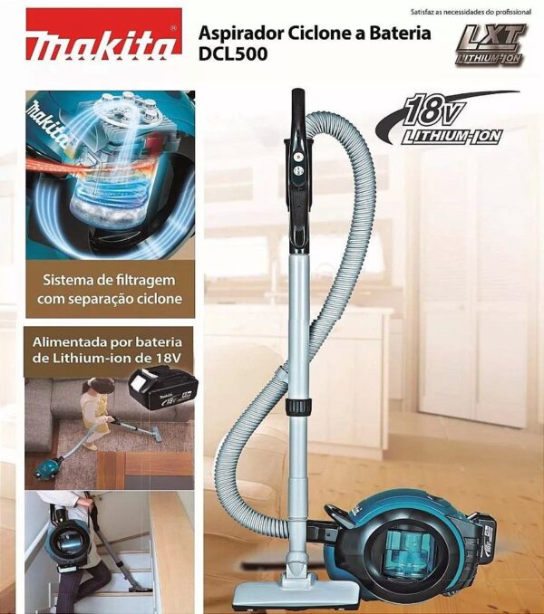 ASPIRADOR DE Po A BATERIA DCL500Z MAKITA + BATERIA + CARREGADOR - Imagem 2